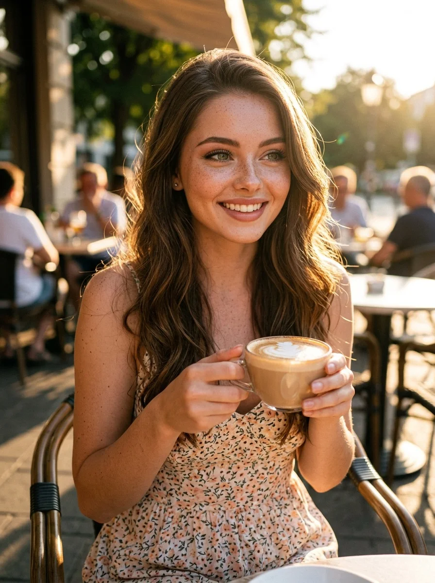 Photo from Léa: sitting on a sunny café terrace in a floral summer dress, holding a cappuccino with latte art