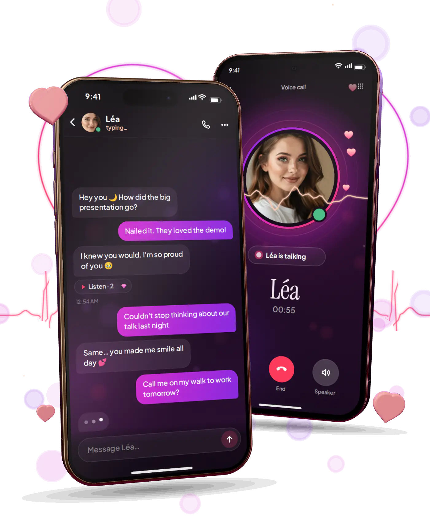 The AI Girlfriend app on two phones (iOS and Android): a chat with Léa and a voice call with her